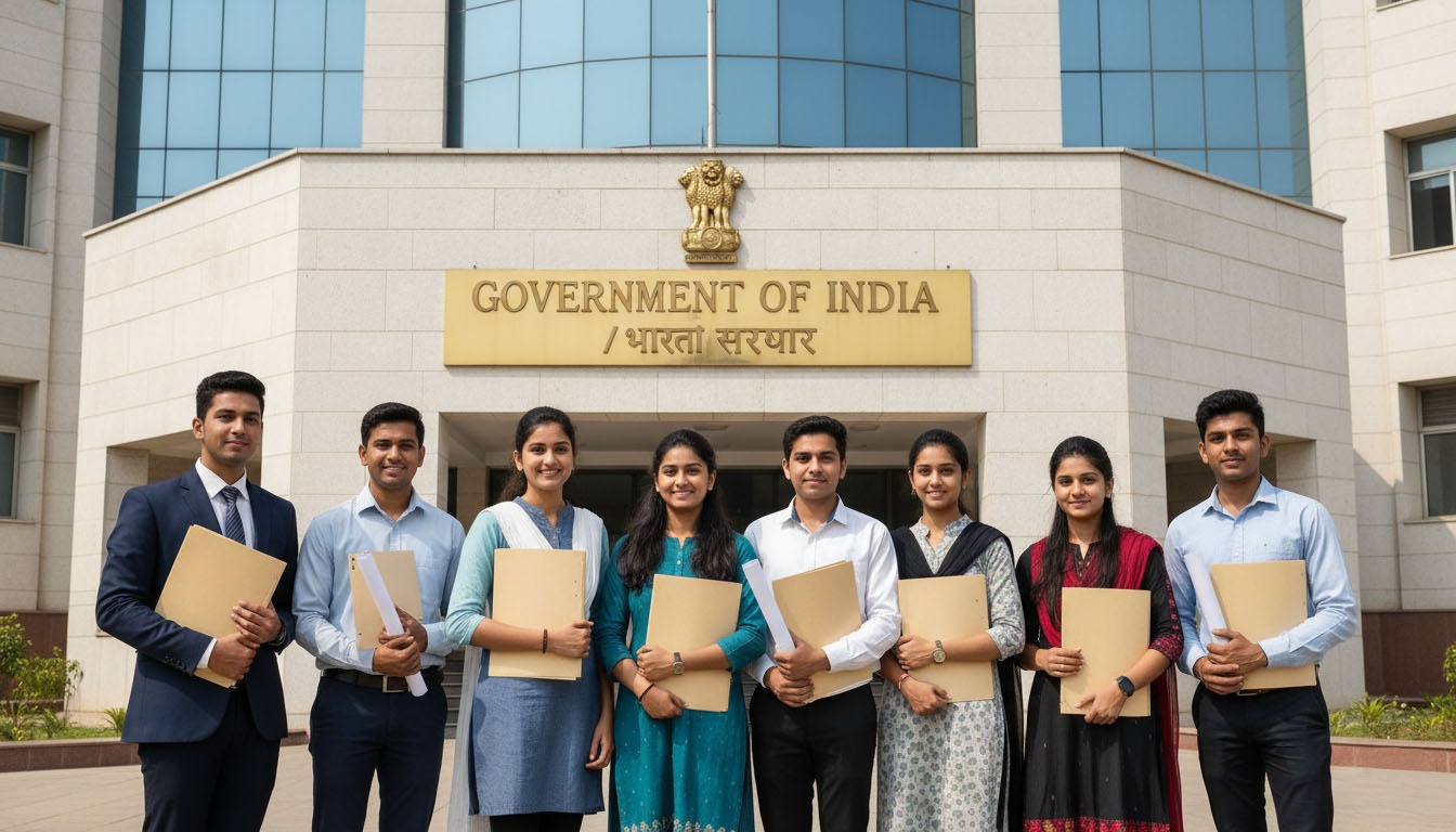 Young 12th pass candidates preparing for SSC CHSL after 12th government job exams outside a central government office building.