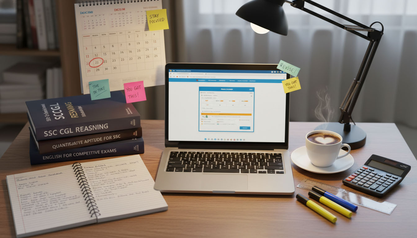 Organized study desk setup showing SSC CHSL after 12th exam preparation materials, including books, notes, and practice tests.