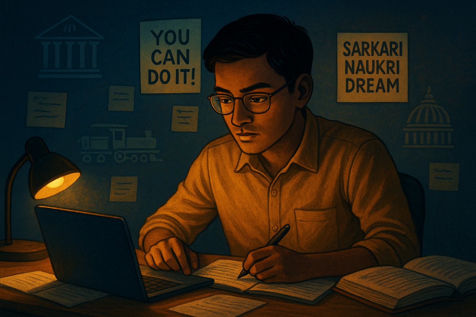 Motivational illustration of a student preparing for a government exam in India.