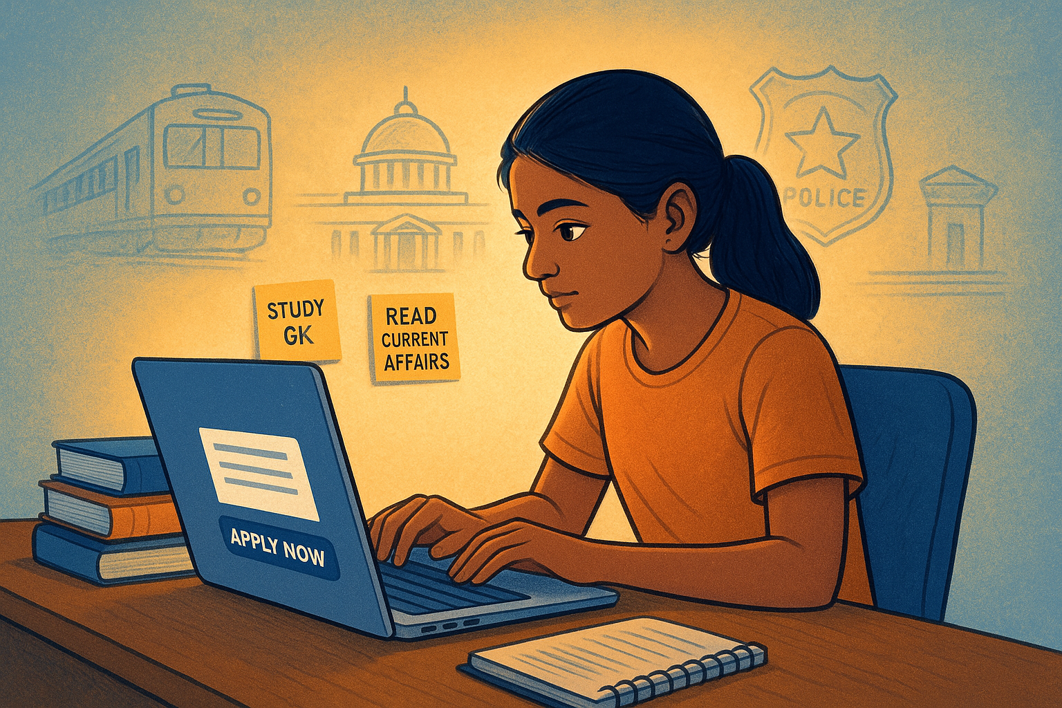 Motivational illustration of a 12th pass student preparing for a government exam in India.